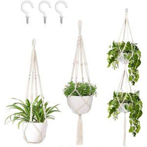 3 Pack Macrame Plant Hangers Outdoor Indoor Wall Hanging Planters+ 3 PCS Hooks